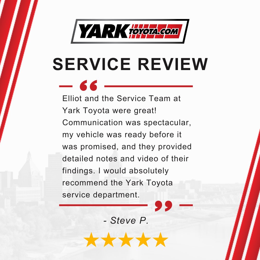 YarkToyota's tweet photo. Thank you to Steve P. for your positive feedback about the Yark Toyota Service Team! We're delighted to know you had a great experience with Elliott!

⭐️⭐️⭐️⭐️⭐️

Schedule your next service appointment with our team at https://t.co/ZIT7CW1tqn! https://t.co/8t2xOS9tB4