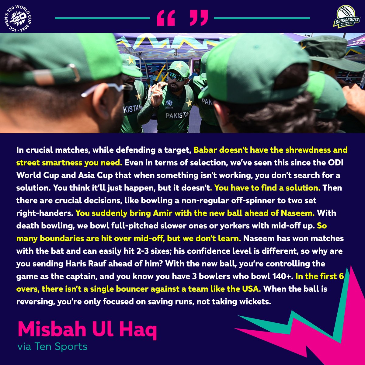 grassrootscric's tweet photo. Misbah-ul-Haq criticized Babar Azam's captaincy and Pakistan's tactics against the USA.

#USAvPAK | #T20WorldCup https://t.co/NLDxu0X6MM