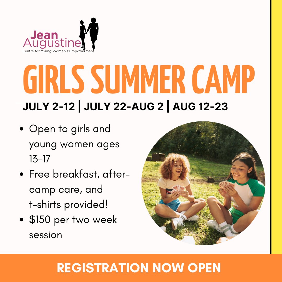 Registration for summer camp at the Jean Augustine Centre is NOW OPEN! 🥰

Participants will get to enjoy hands-on activities, field trips, complimentary breakfast and more!

Limited spots available! Register here: jeanaugustinecentre.jumbula.com/programs