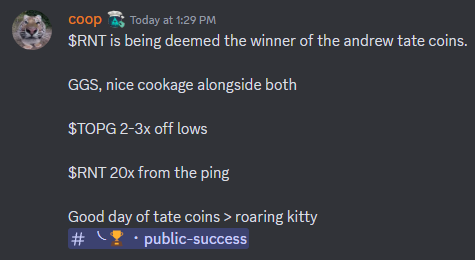 $RNT
$TOPG
2.9m-65m (20x+)
20m-54m (2.5x)

ANDREW TATE > ROARING KITTY...

🤝❤️
