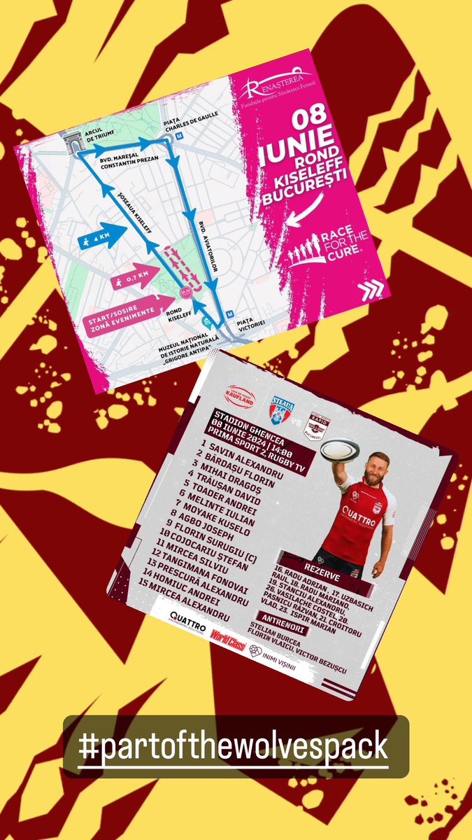 RO_RugbyAcademy's tweet image. 🐺💥 Mâine, comunitatea Lupișorilor se împarte la două evenimente sportive de top: Race for the Cure și meciul de rugby dintre CSA Steaua vs CS Rapid! 🏃‍♀️🏉

Te așteptăm și pe tine alături de comunitatea noastră! 🤗💪 
#RaceForTheCure
#partofthewolvespack
#mamiciderugbysti