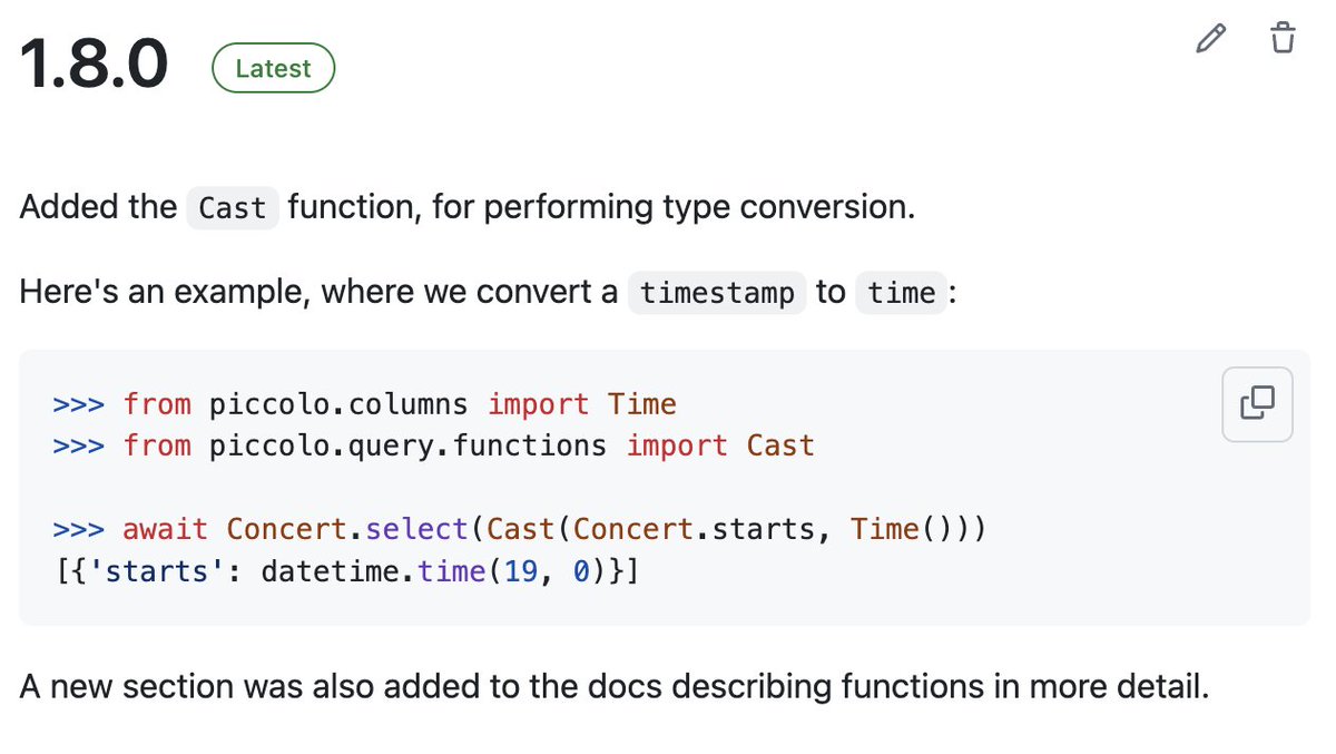 piccolo_orm's tweet photo. Piccolo 1.8.0 was just released. We're adding support for lots of Postgres functions, and this release added Cast. 
https://t.co/nvZcmxuIUM https://t.co/JC4h8kBfIY
