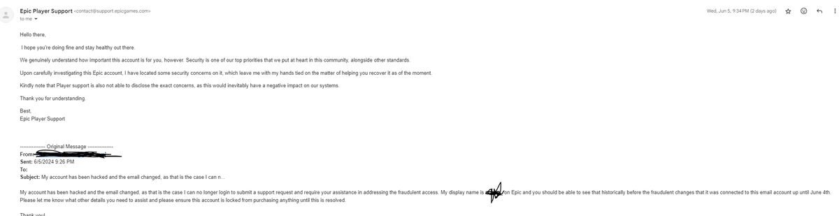 OrinHowerton's tweet photo. @EpicGames   is this how you treat reports of hackers in your system? By deflecting the actual owner of the account and taking no action? @CBCNews @CTV @pissedconsumer for their awareness that Epic is allowing nefarious actors to continue using their system. https://t.co/M1sziWnbQg