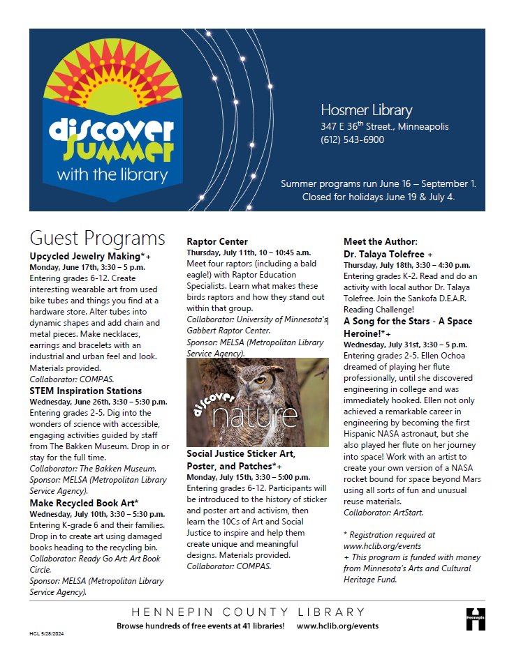 PowderhornMpls's tweet image. Discover Summer with the Library! ☀️
Check out @hclib &amp;amp; Hosmer Library's summer programs! 
#library #librarylove #powderhorn