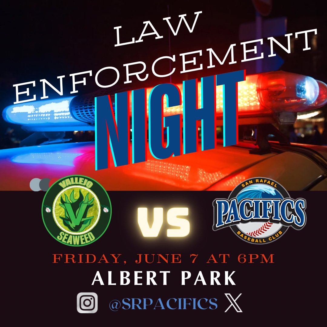SRPacifics's tweet image. Tonight is Law Enforcement Night at Albert Park! 

#PacAttack #MarinCounty #SanRafaelPacifics 🌊⚾️