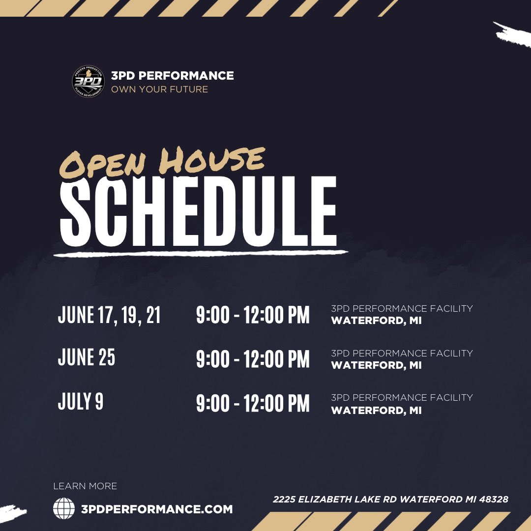 3PD_Performance's tweet photo. 🚨𝙾𝙿𝙴𝙽 𝙷𝙾𝚄𝚂𝙴 𝙳𝙰𝚃𝙴𝚂 🚨

Meet the staff, learn what we’re about, facility your and Q & A session 

𝐉𝐔𝐍𝐄 17, 19, 21: 
 - 10:00 - 2:00 PM 
 - Open to public, all are welcome! 

𝐉𝐔𝐍𝐄 25: 
 - 3:00 - 7:00 PM 
 - Past Prime Time Programs clients

𝐉𝐔𝐋𝐘 2: 
 - 4:00 - 8:00 PM 
 - Experience our newly renovated facility w/meet and greet with staff. 

#ownyourfuture #3PD