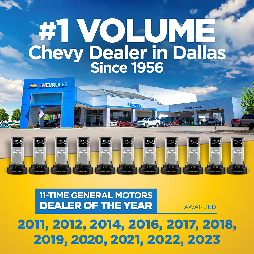 friendlychevy's tweet image. Friendly Chevrolet🚘 has been the #1Volume Chevy Dealer in Dallas Since 1956🤠 &amp;amp; as of 2023, we are an 11-time winner of General Motors Dealer of the Year Award🏆

Find out why more people in Dallas choose Friendly Chevy✅ (link in bio)

#FriendlyChevy #DriveFriendly