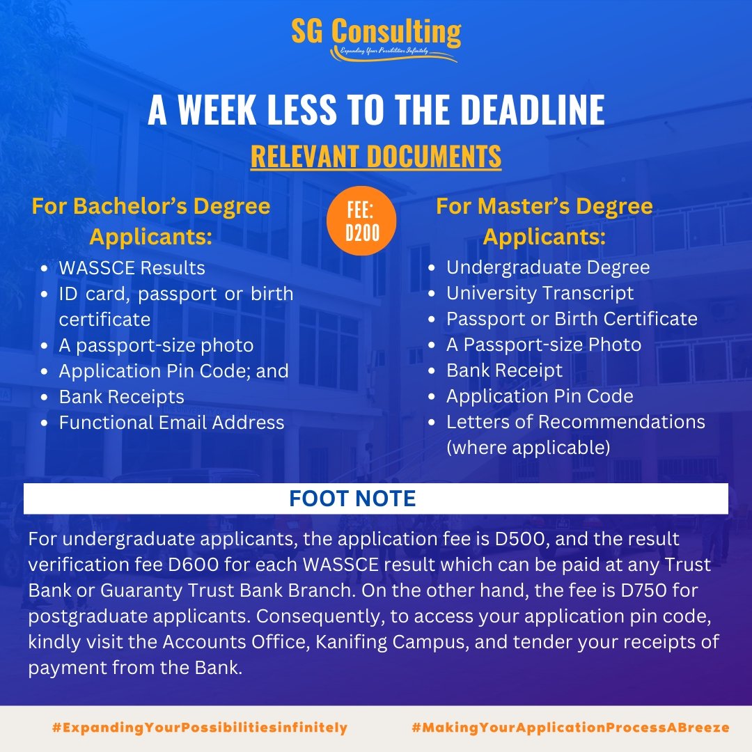 🔔A WEEK LESS TO THE DEADLINE🛑

Are you yet to apply? Contact SG Consulting today for your UTG applications and get the best services.

📞+220 613 5205/+39 391 930 0772
📧sgconsultingofficial@gmail.com

At SG Consulting, we journey with you to attain your infinite possibilities.
