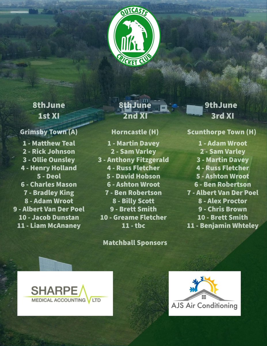 Outcasts Cricket Club (@outcastscc) on Twitter photo Teams for this weekends tripple header. Our 1st XI play a top of the table clash against <a href="/GrimsbyTown_CC/">Grimsby Town CC</a> , our 2nds host <a href="/HorncastleCC/">Horncastle CC</a> and our thirds play <a href="/ScunnyTownCC/">Scunthorpe Town CC</a> on Sunday Teams for this weekends tripple header. Our 1st XI play a top of the table clash against <a href="/GrimsbyTown_CC/">Grimsby Town CC</a> , our 2nds host <a href="/HorncastleCC/">Horncastle CC</a> and our thirds play <a href="/ScunnyTownCC/">Scunthorpe Town CC</a> on Sunday