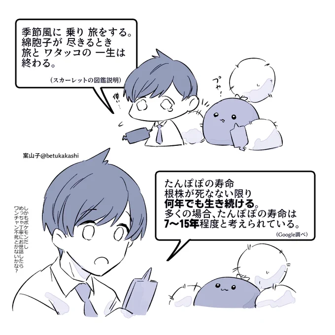 ワタッコの図鑑説明儚い…って思ってたけどたんぽぽの寿命調べたら割と長生きちゃんな可能性出てきたよ。すべてのポケモン健やかに長生きしてくれ。 