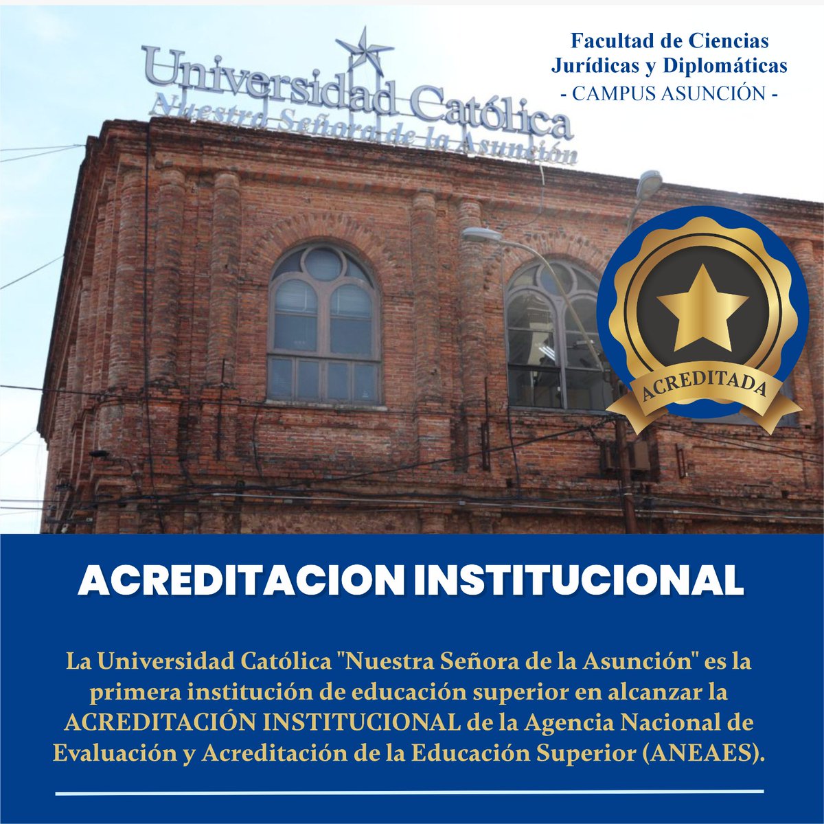 ucderechoasu's tweet photo. 🎉🎉¡Felicitaciones a la Universidad Católica "Nuestra Señora de la Asunción" por haber logrado la acreditación institucional por la ANEAES! Desde la FCJD, celebramos este importante reconocimiento que destaca su excelencia académica y compromiso con la educación de calidad. https://t.co/NKRaKzK9e4