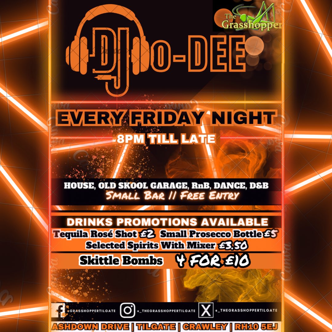 HoppersTilgate's tweet image. 🔶🎧 DJ O-DEE AT THE HOPPERS 🎧🔶

   EVERY FRIDAY NIGHT || 8PM - LATE
           SMALL BAR || FREE ENTRY 
  🎵House, Garage, RnB, Dance, D&amp;amp;B🎵

#residentdj #dj #music #house #garage #dance #drumandbass #rnb #fridayfeeling #djodee #thegrasshoppertilgate #tilgate #crawley