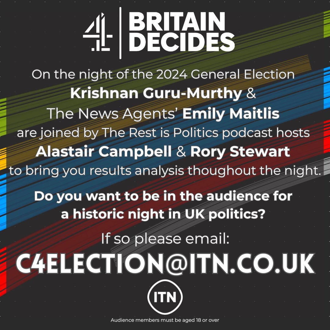 ITN Productions are looking for audience members for Channel 4’s Election Night coverage, if you are interested in being part of the audience and  potentially sharing your opinions please get in touch by emailing C4election@itn.co.uk 

#bbcdebate #electionnight #ukelection