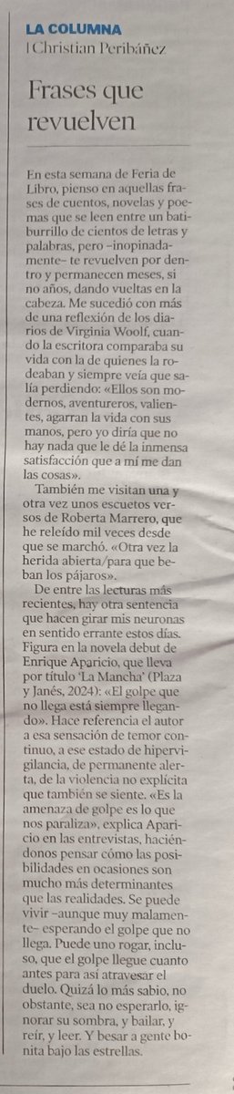 ”Quizá lo más sabio sea, no obstante, no esperarlo, ignorar su sombra, y bailar, y reír, y leer. Y besar a gente bonita bajo las estrellas”.

✒️ <a href="/crisperi/">Christian Peribáñez</a> en <a href="/heraldoes/">Heraldo de Aragón</a>
