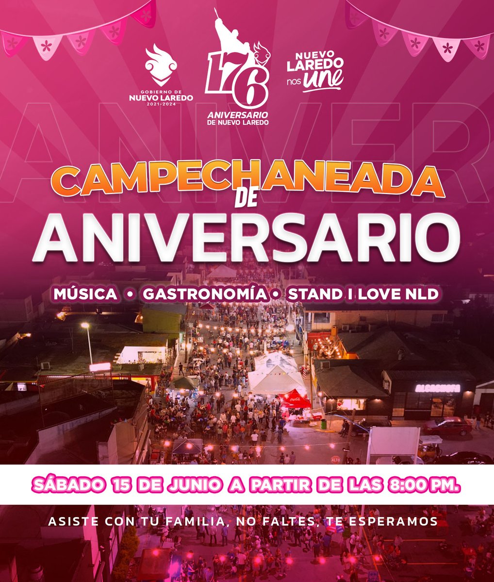 Carmenliliacrv's tweet photo. ¿Alguien dijo Campechaneada?👀🙌🏻  Este sábado 15 de junio tendremos nuestra tradicional Campechaneada para celebrar al máximo el 176 aniversario de Nuevo Laredo.🥳

No te puedes perder de la música en vivo, antojitos🌮 y nuestro stand de I❤️NLD. ¡Los esperamos! https://t.co/KdyXl64SCD