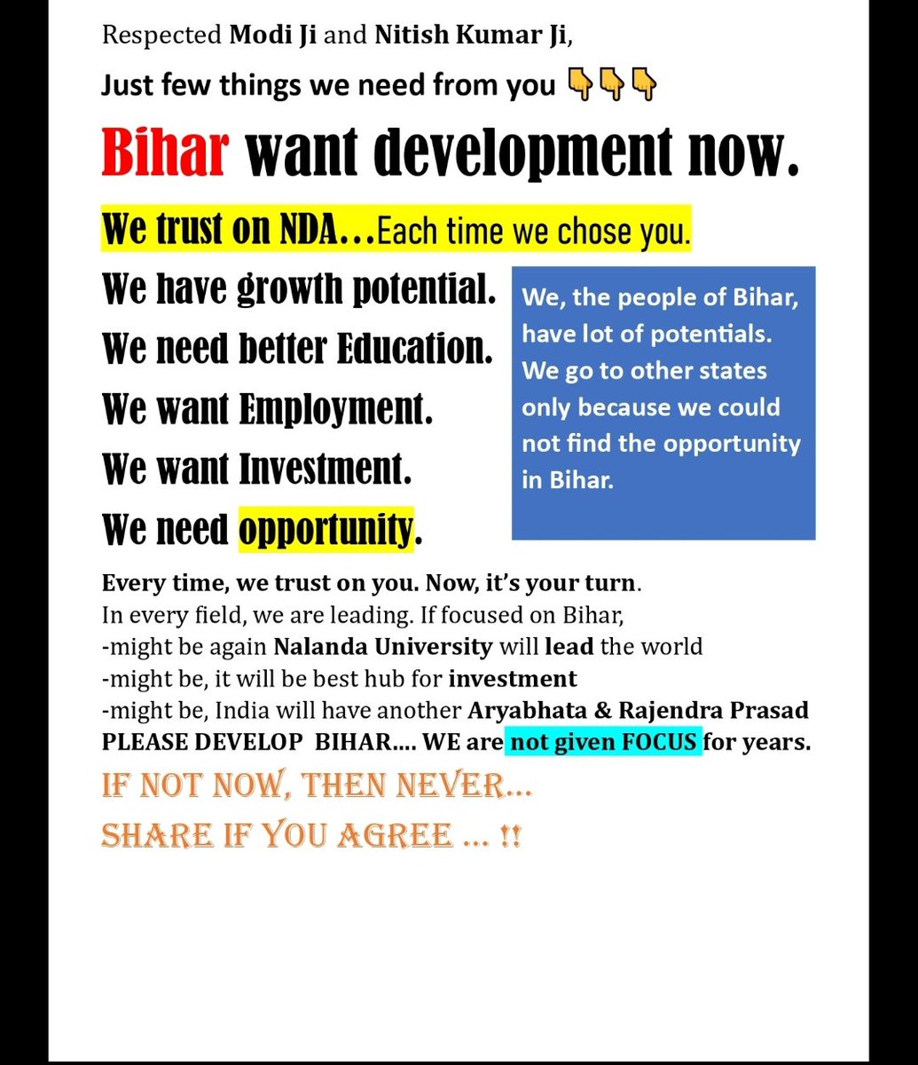 avi_kishor's tweet photo. Respected @narendramodi @AmitShah @NitishKumar  @nitin_gadkari @iChiragPaswan , BIHAR want development now...

@BJP4Bihar @ZeeNewsBihar @abpbihar @indiatvnews @abhiandniyu @RVCJ_FB @thebetterindia @offbeatbihar @ApnabiharIn https://t.co/HsPxIQfLwV