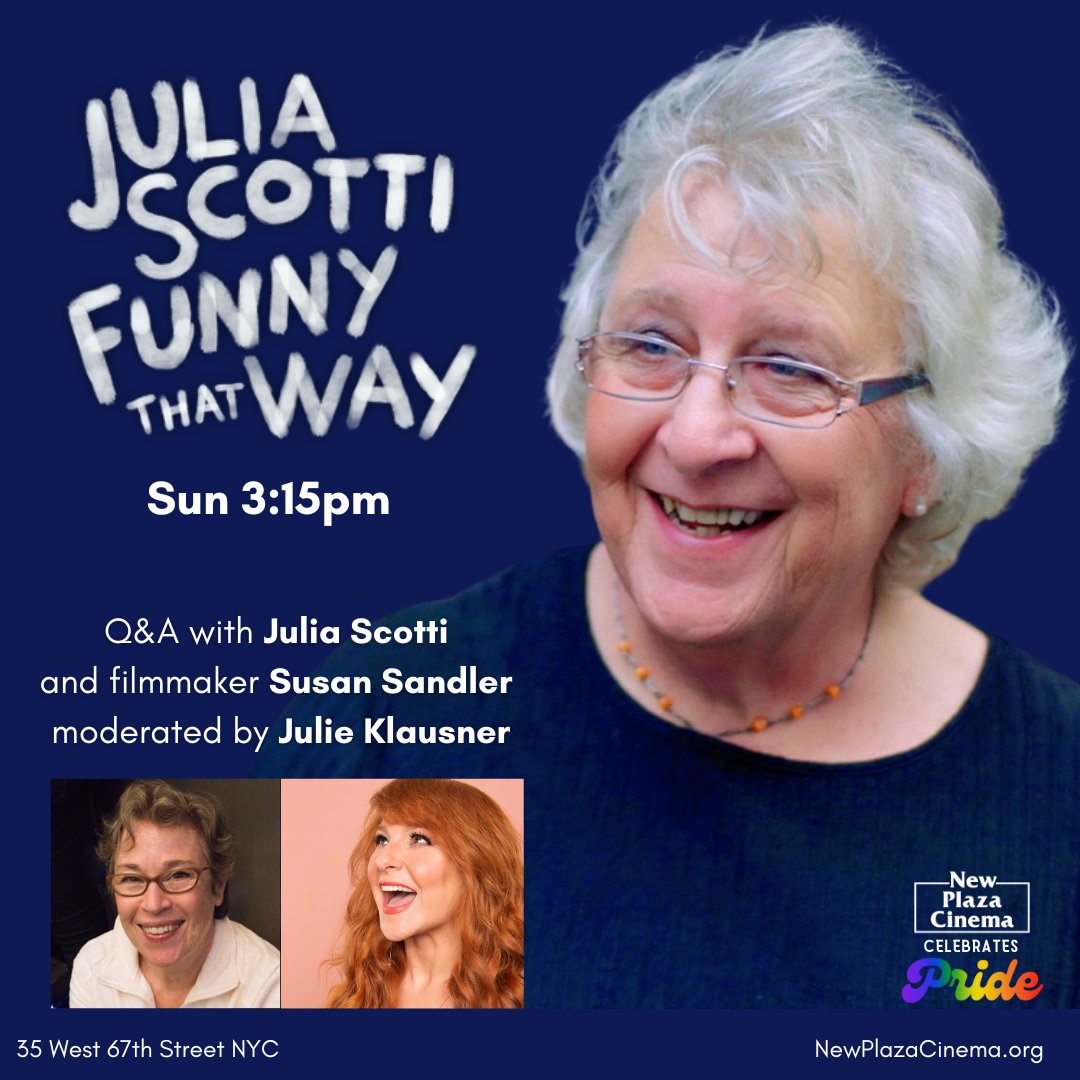 JULIA SCOTTI: FUNNY THAT WAY — Sun 3:15pm at <a href="/NewPlazaCinema/">New Plaza Cinema</a>

“recounts Scotti’s life, transition, and her comedy comeback later in life, a journey that is as heartwarming as it is remarkable.” —<a href="/lgbtqnation/">LGBTQ Nation</a>  

🎟️ticketing.useast.veezi.com/purchase/1312?… #Pride #PrideNYC #TransRightsAreHumanRights