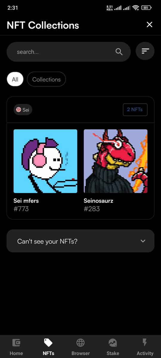 Azraelcrypto_'s tweet photo. The NFT tab of @compass_wallet  is very smooth and allow us to see our NFTs in all or collections option. Great UI team

HI @seimfer and @Seinosaurz community member here https://t.co/8i4mk1Kb9r