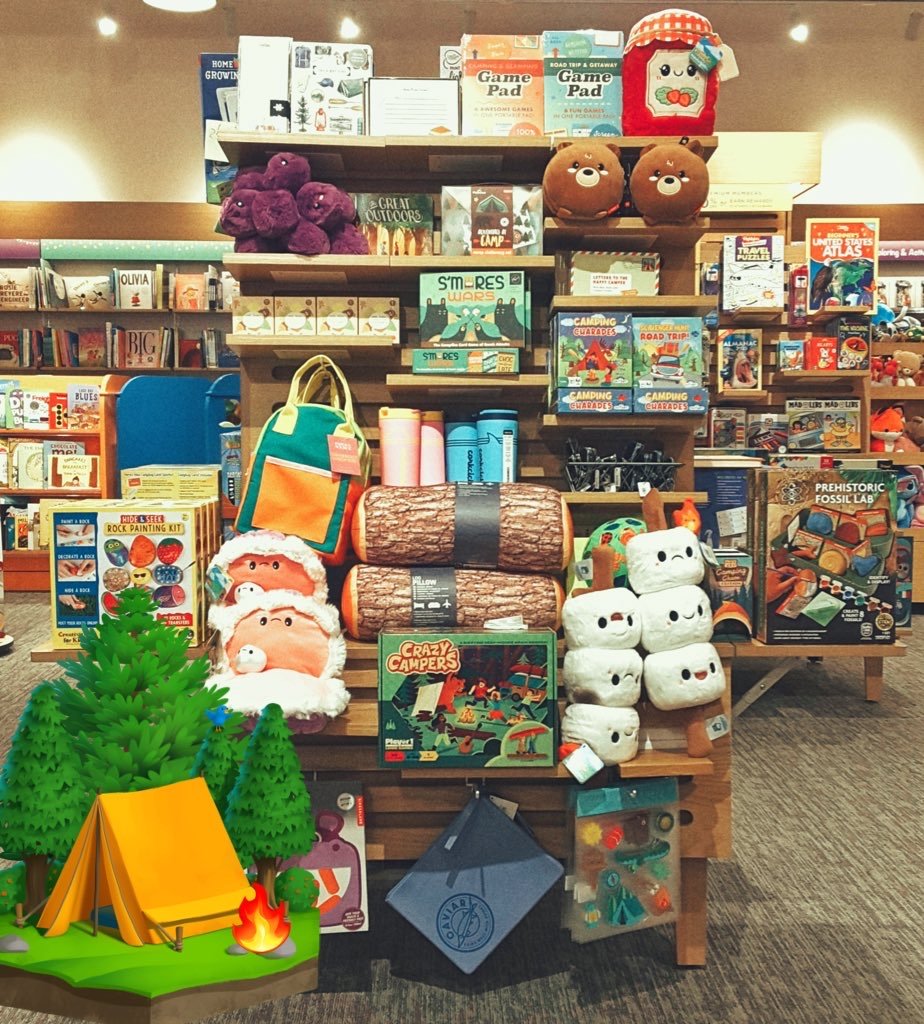 BNLehighValley's tweet photo. “Let's gather 'round the campfire, and sing our campfire song~” 🏕️🌤️

Heheh, we've got a lot of wonderful books, items, and activities to help you out on your next camping trip! Come check them out soon on our Grand Opening June 12th 😁
#BarnesandNoble #Camping https://t.co/1Nb8FfaNC5