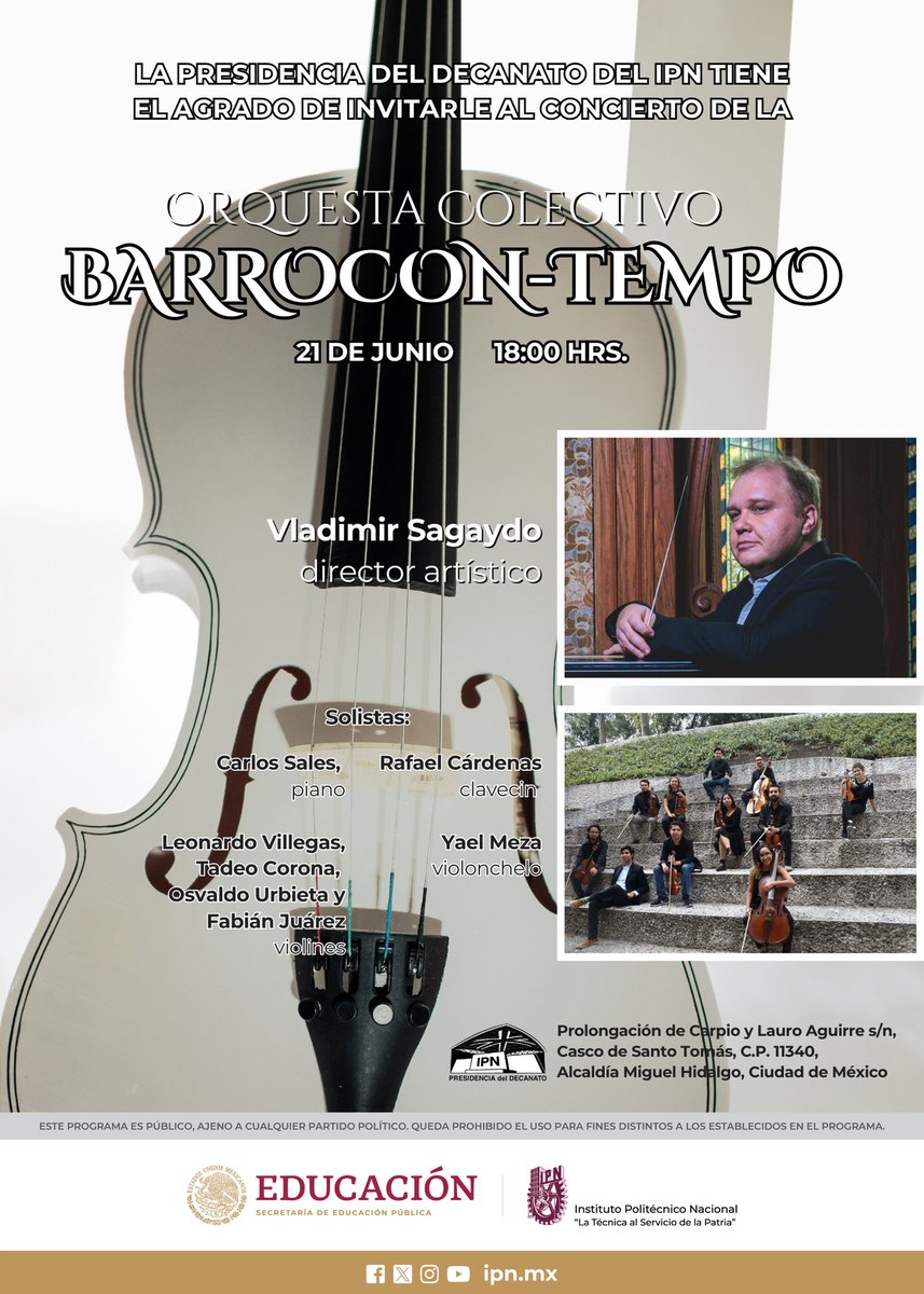 IPN_Decanato's tweet photo. Te invitamos al concierto de la Orquesta Colectivo Barrocon-Tempo.
Centro Histórico y Cultural "Juan de Dios Bátiz"
Prolongación de Carpio y Lauro Aguirre s/n, Casco de Santo Tomás, C.P. 11340, Alcaldía Miguel Hidalgo, Ciudad de México
21 de junio, 18:00 hrs.
¡Te esperamos! https://t.co/H5MlExYVK8