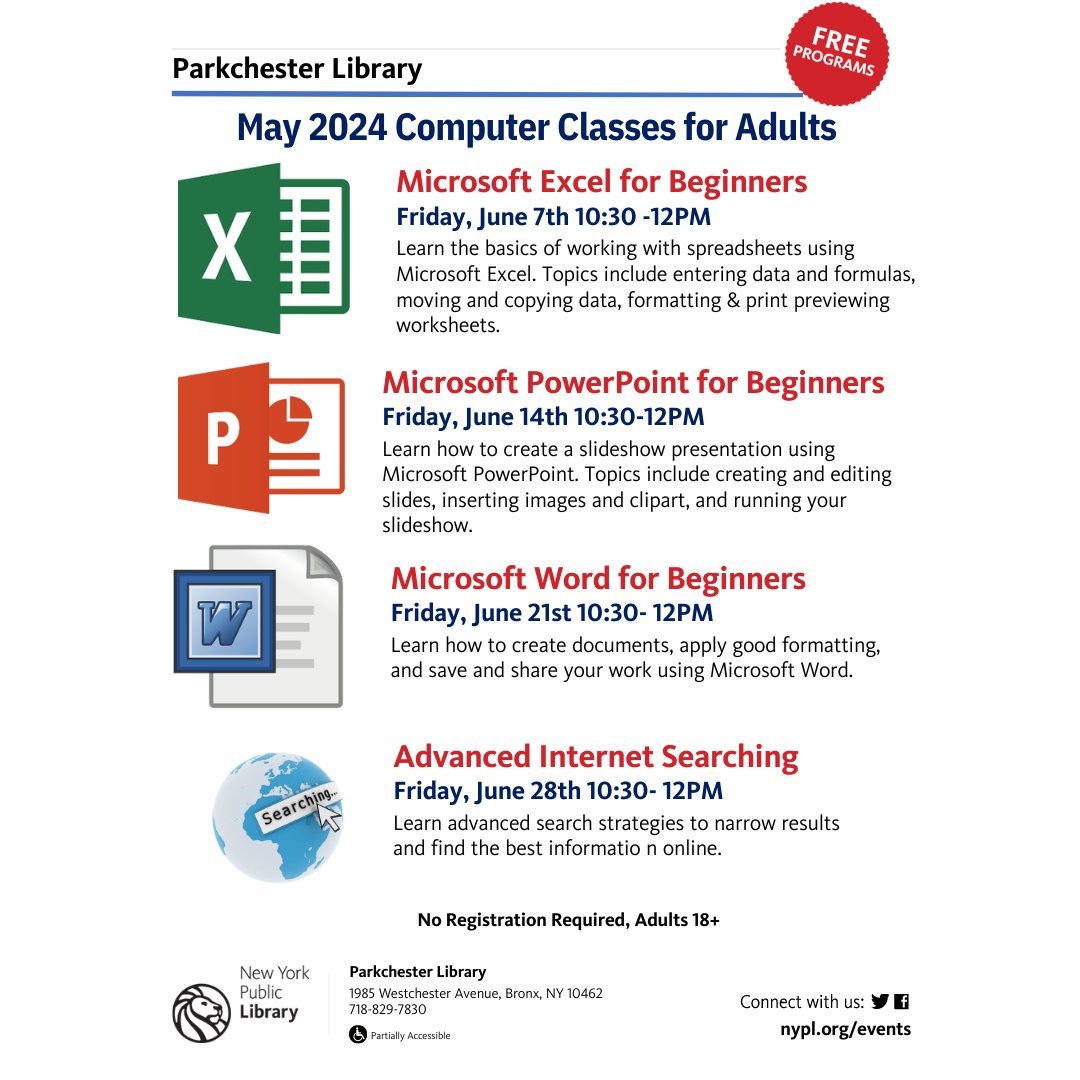 PKRLibrary's tweet image. We have many computer classes this month for adults! Microsoft Word, PowerPoint, Excel, and even how to research on the internet! No registration required! Just come on in!
#NYPL #ParkchesterLibrary #ComputerClasses