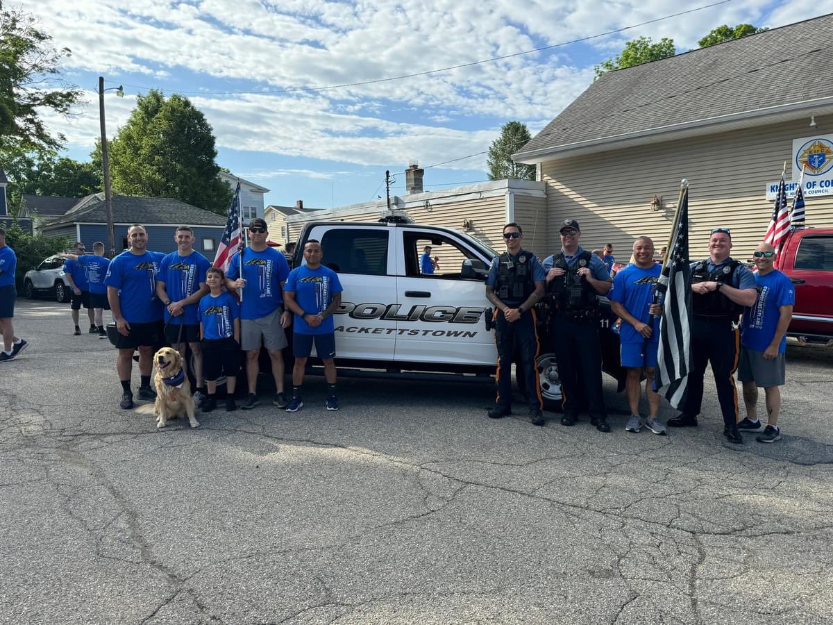 HackettstownPD's tweet photo. Hackettstown Police Officers... Chief Perkins, Lt. Brotzman, Lt. Blas, Sgt. Marinelli (and son), Ptl. Salus (and family/Millie), and SLEO Class II Van Tassel participated in the NJ Special Olympics Law Enforcement Torch Run. (1/2) https://t.co/wnIwN7jAUq