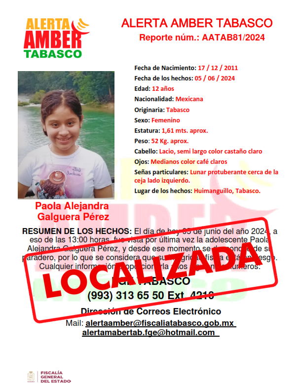 Personas Desaparecidas Tabasco, desactiva cédula de alerta amber a nombre de la adolescente PAOLA ALEJANDRA GALGUERA PEREZ.