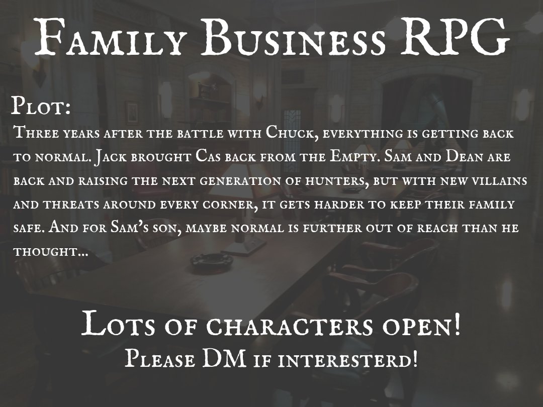Characters Open:
Sam Winchester
Jack Kline
Kaia Nieves
Claire Novak
Charlie Bradbury
Bobby Singer
Adam Milligan
Michael
Lucifer
Jesse Turner
Patience Turner
Alex Jones
Garth
Meg Masters
Ruby
Chuck
Amara

Please comment or DM for more information!

#SPNRP #SPNFamily