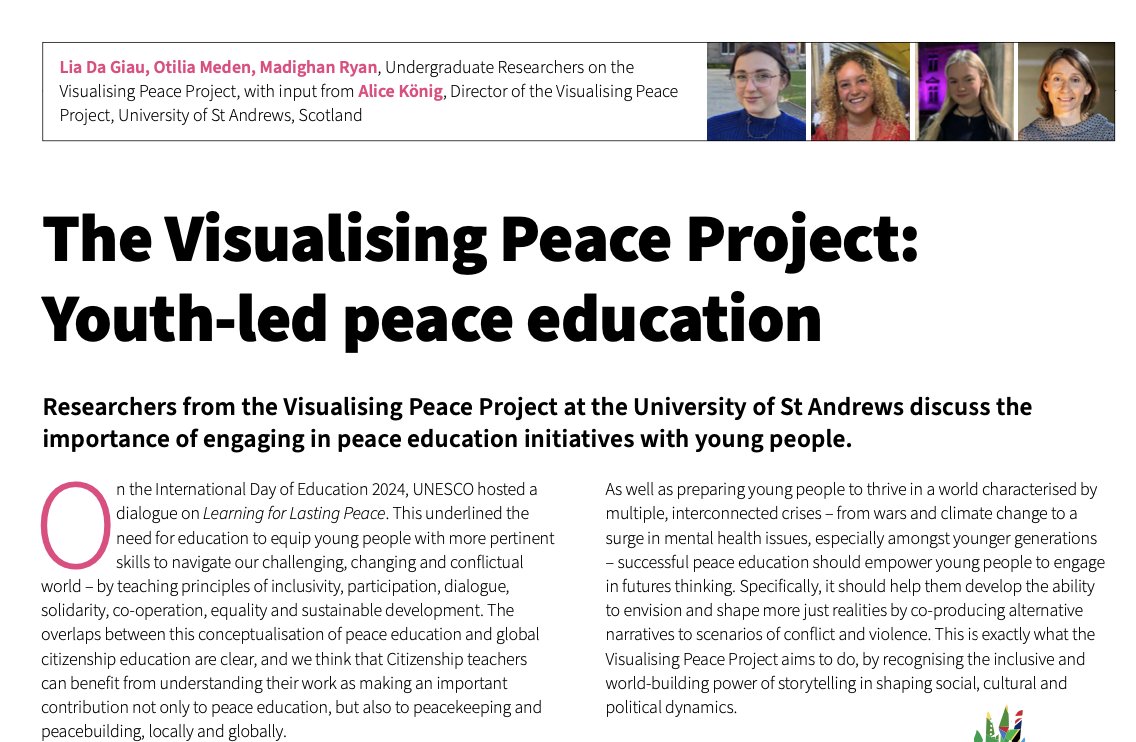 VisualisingWar's tweet photo. Delighted that some of our #VisualisingPeace students have an article coming out soon on inclusive peace education in @ACitizenshipT's next issue (59: AI, Elections and Citizenship: what is the future of democratic participation?). Watch this space! https://t.co/3YoF0c3ZMk https://t.co/Ol2GdHxUTd