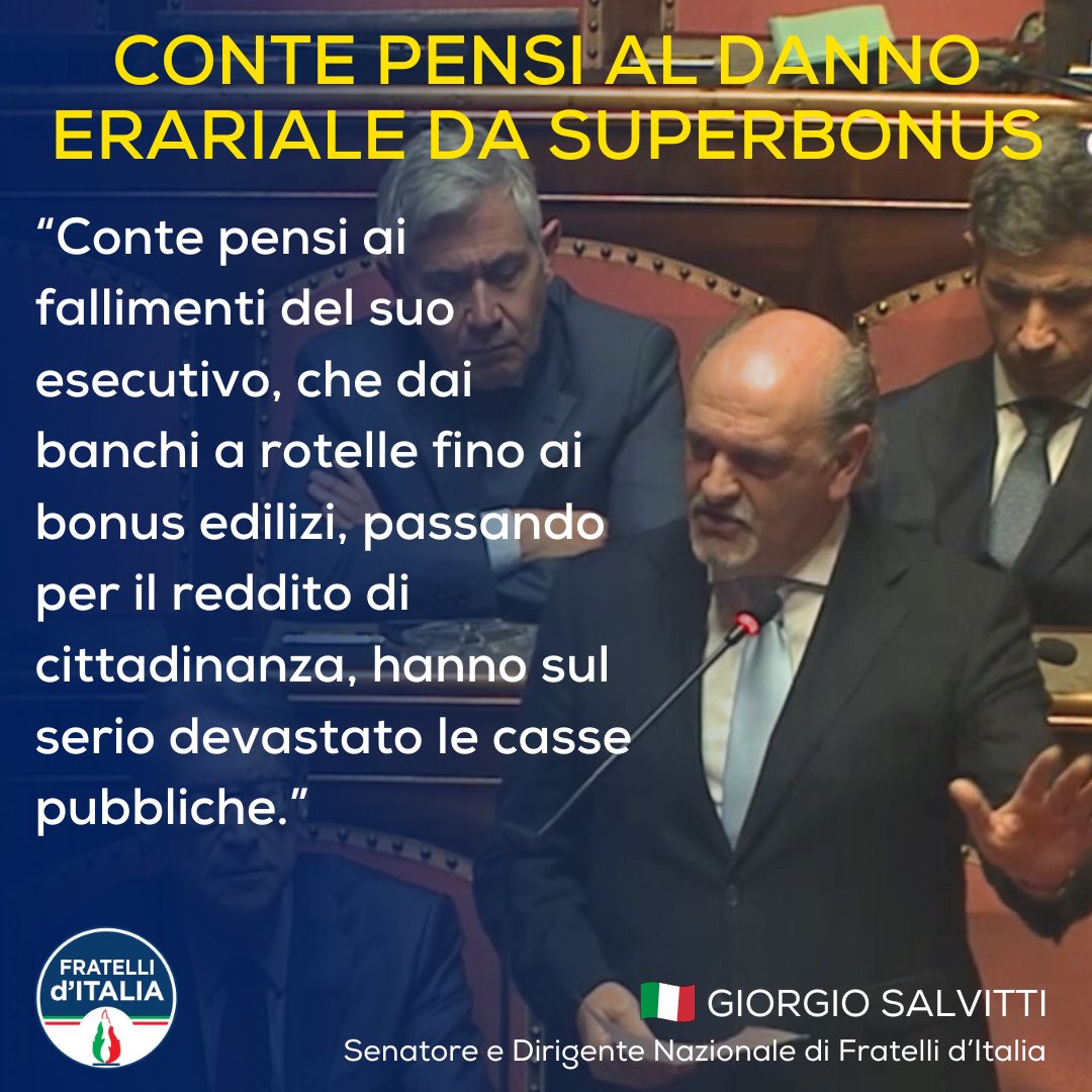 Giorgio Salvitti (@giorgiosalvitti) on Twitter photo Sempre pronto a prodigarsi in consigli non richiesti, Conte eviti di lanciarsi in gravissime accuse. Piuttosto che vestire i panni del pubblico ministero, il fu avvocato del popolo dovrebbe parlare del potenziale danno erariale prodotto dal Superbonus
<a href="/FratellidItalia/">Fratelli d'Italia 🇮🇹</a> #superbonus Sempre pronto a prodigarsi in consigli non richiesti, Conte eviti di lanciarsi in gravissime accuse. Piuttosto che vestire i panni del pubblico ministero, il fu avvocato del popolo dovrebbe parlare del potenziale danno erariale prodotto dal Superbonus
<a href="/FratellidItalia/">Fratelli d'Italia 🇮🇹</a> #superbonus