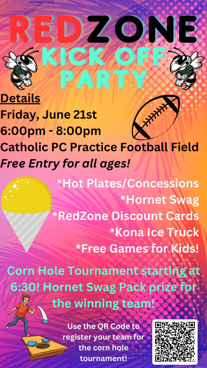 Hornet_FB_Pride's tweet photo. RedZone Kick Off Party! FREE Entrance!

Friday, June 21 6:00-8:00

Free kids games! Win a game, throw pie at our players!
Kona Ice!
Hot Plate Dinners!
Hornet Swag!
Corn hole tournament with prize for winning team!

Scan QR code/follow link in comments to register for Corn Hole https://t.co/Lxq9F8gW0a