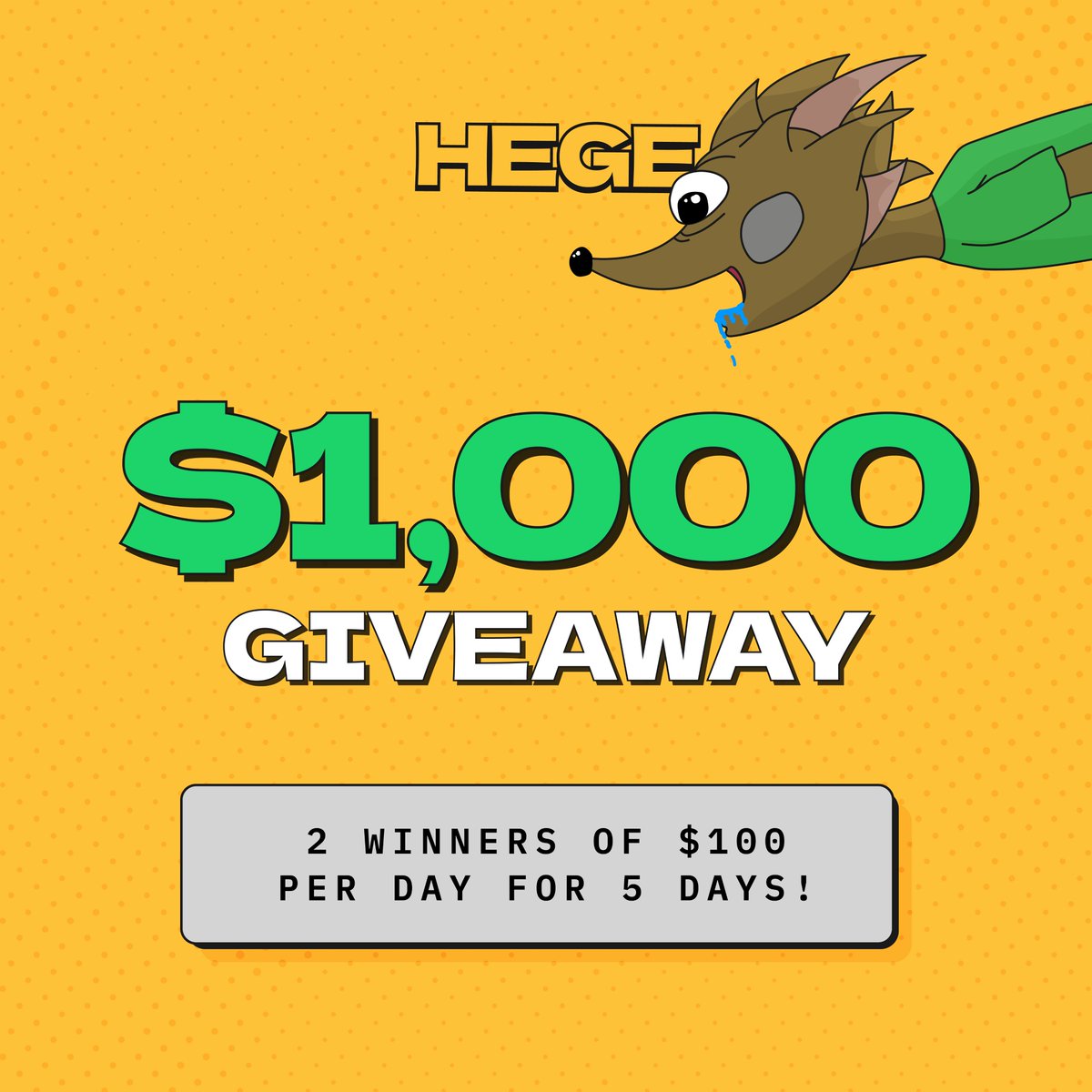 To celebrate the news that $HEGE will be listing on an exchange soon (check tg for details), we're hosting yet another giveaway!

$100 a day for 2 winners, for 5 days!

Rules are simple: like, repost, follow our page and drop your Solana wallet address in the comments.

(If you