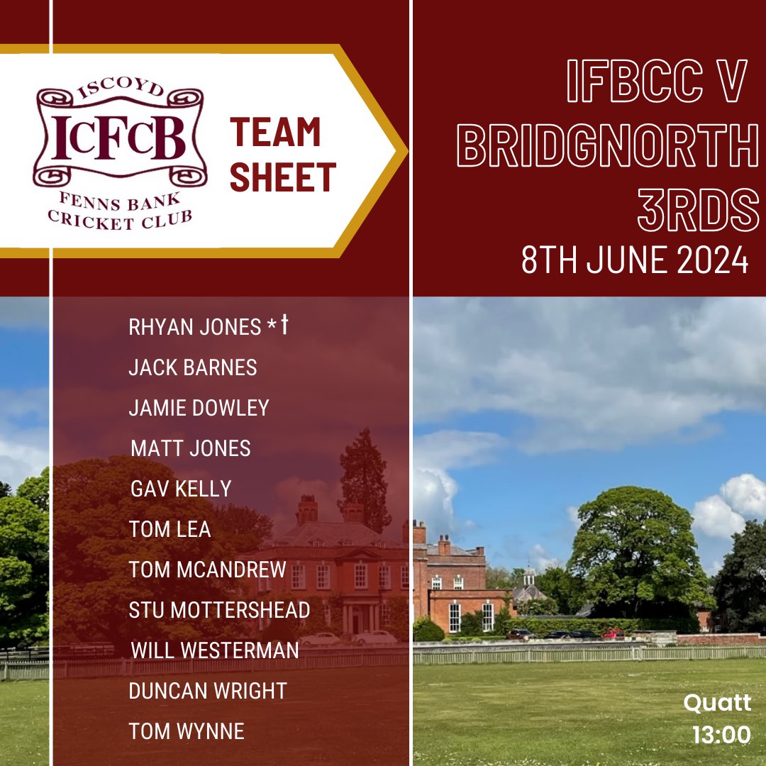 Our lineup for tomorrows trip to Quatt to play  <a href="/BridgnorthCC/">Bridgnorth CC</a> 3rds #ifbcc 

<a href="/mansfieldsportg/">Mansfield Sports Group</a> <a href="/ShropCCLeague/">ShropshireCCLeague</a>