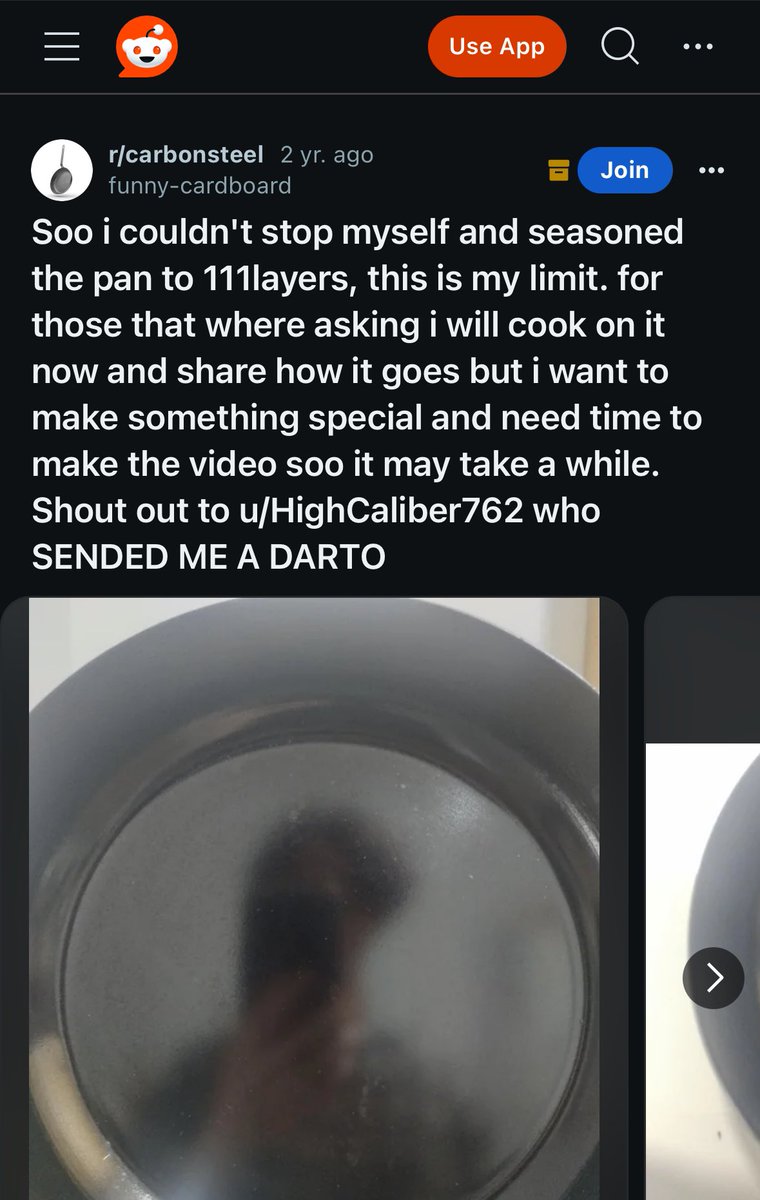 Papapishu's tweet photo. One of my favorite niche Reddit guys is the guy who kept seasoning his carbon steel pan until he hit 111 layers of seasoning. https://t.co/HW9a87os3E
