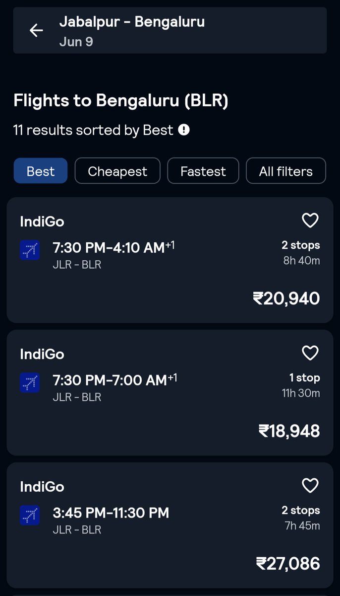 Pranjay Poddar (@pranjaypoddar) on Twitter photo Demand for flights between #Jabalpur↔️#Bangalore is extremely high with skyrocketing fares.Please consider increasing flight connectivity to meet the growing demand and make travel more affordable🙏🏼🙏🏼<a href="/AAI_Official/">Airports Authority of India</a> <a href="/IndiGo6E/">IndiGo</a> <a href="/airindia/">Air India</a> <a href="/JM_Scindia/">Jyotiraditya M. Scindia</a> <a href="/MoCA_GoI/">MoCA_GoI</a> <a href="/PMOIndia/">PMO India</a> <a href="/HardeepSPuri/">Hardeep Singh Puri</a> Demand for flights between #Jabalpur↔️#Bangalore is extremely high with skyrocketing fares.Please consider increasing flight connectivity to meet the growing demand and make travel more affordable🙏🏼🙏🏼<a href="/AAI_Official/">Airports Authority of India</a> <a href="/IndiGo6E/">IndiGo</a> <a href="/airindia/">Air India</a> <a href="/JM_Scindia/">Jyotiraditya M. Scindia</a> <a href="/MoCA_GoI/">MoCA_GoI</a> <a href="/PMOIndia/">PMO India</a> <a href="/HardeepSPuri/">Hardeep Singh Puri</a>