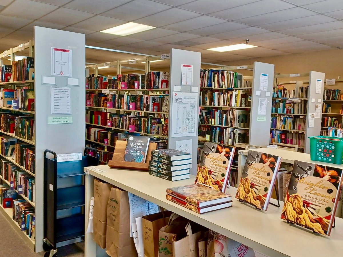 FODLNC's tweet photo. Our volunteers are ready for our in-person book sale today and tomorrow at our Books Among Friends bookstore at 3825 S. Roxboro St. in Durham. We have more than 20,000 donated books, plus puzzles and games, at great prices. Please stop by and support the Durham County Library. https://t.co/bRQlt6cmUS