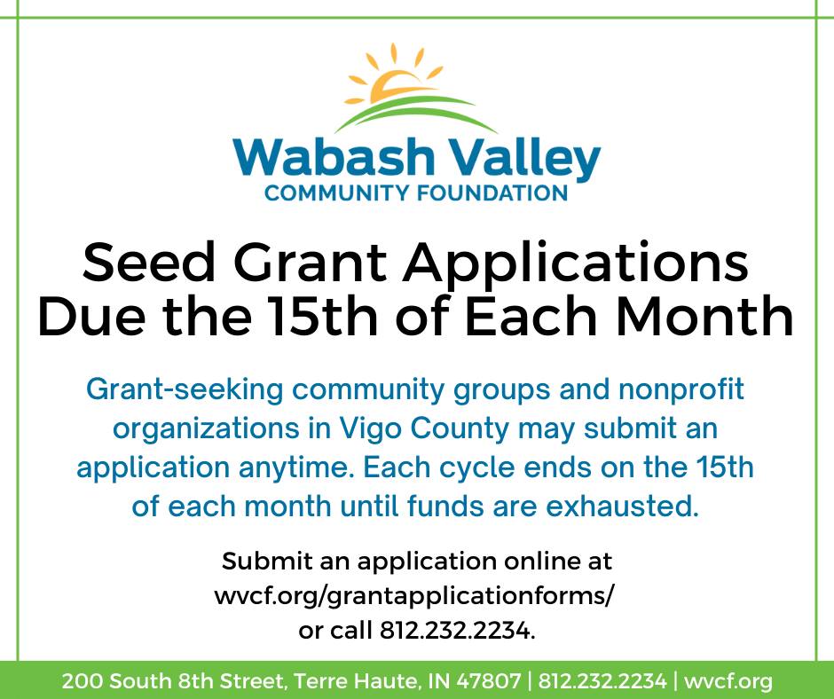 WVCFoundation's tweet photo. One week to apply for the latest round of Seed Grant Funding! The deadline is June 15, 2024.

Seed Grants are available to further fulfill the objectives of the Terre Haute Community Plan, “See You in Terre Haute." To learn more or apply, please visit https://t.co/Ejqw8INgn4. https://t.co/gNnK4ImHOR