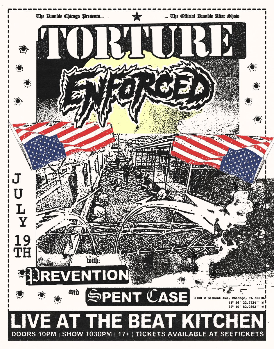 RumbleChicago's tweet photo. AFTERSHOW #1

Torture
Enforced 
Prevention
Spent Case

Tickets on sale Tuesday @ 12pm CST https://t.co/x7rVghXHWY