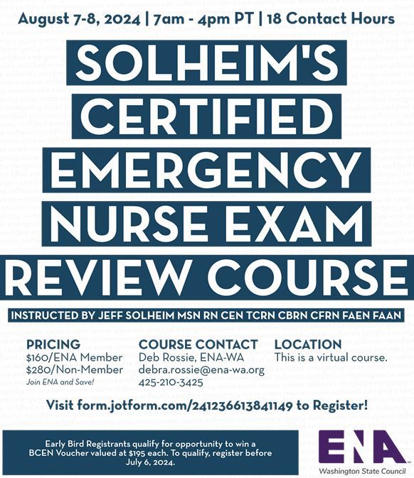 WAStateENA's tweet photo. August CEN Prep Course!!! Register by July 6 for an opportunity to win a BCEN Voucher to use towards your certification test!!
https://t.co/LyqwZk1Psq https://t.co/XLqN8GsukG