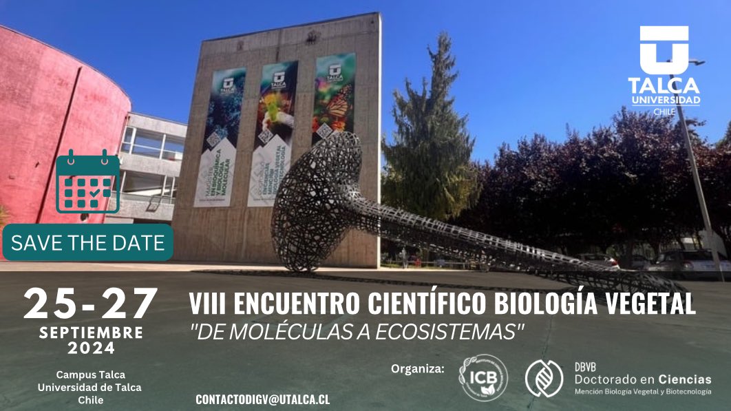 ¡Se viene una nueva versión del VIII Encuentro Científico Biología Vegetal. De Moléculas a Ecosistemas!🔍🌿

Un gran evento científico organizado por el Doctorado en Ciencias mención Biología Vegetal y Biotecnología y el <a href="/IcbUtalca/">Inst. Cs. Biológicas</a>.

📅25-27 de septiembre
📍Campus Talca