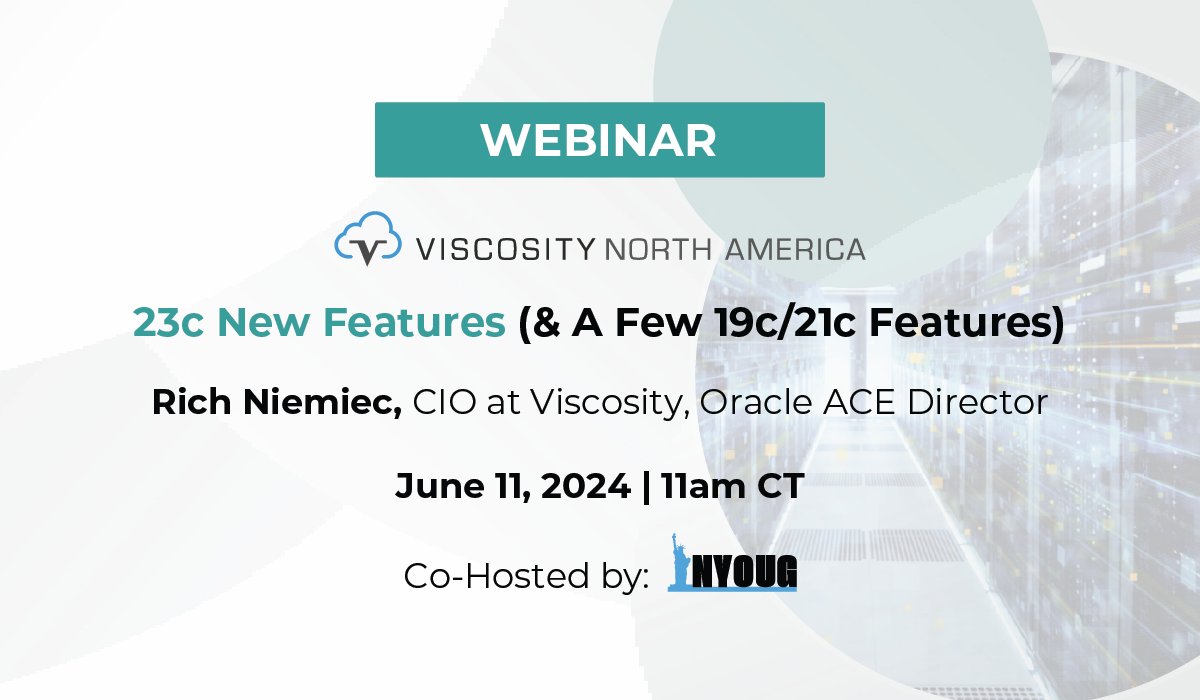 ViscosityNA's tweet image. Have you secured your spot for our upcoming #oracle23c webinar with #ACED @richniemiec? Dive into the latest features & refine your #orcldb skills. Co-hosted alongside @nyoug_nyc.
June 11 | 11 AM CT
bit.ly/4argM2P
#VNA #OraPub @oracleace