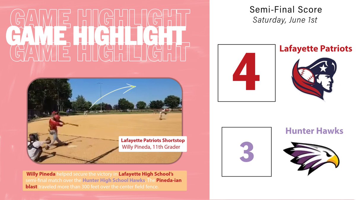 Game Highlight:  The Pineda-ian Blast to Victory for Lafayette High School Baseball Team at Semi-Final Match against Hunter High School Baseball Team!
