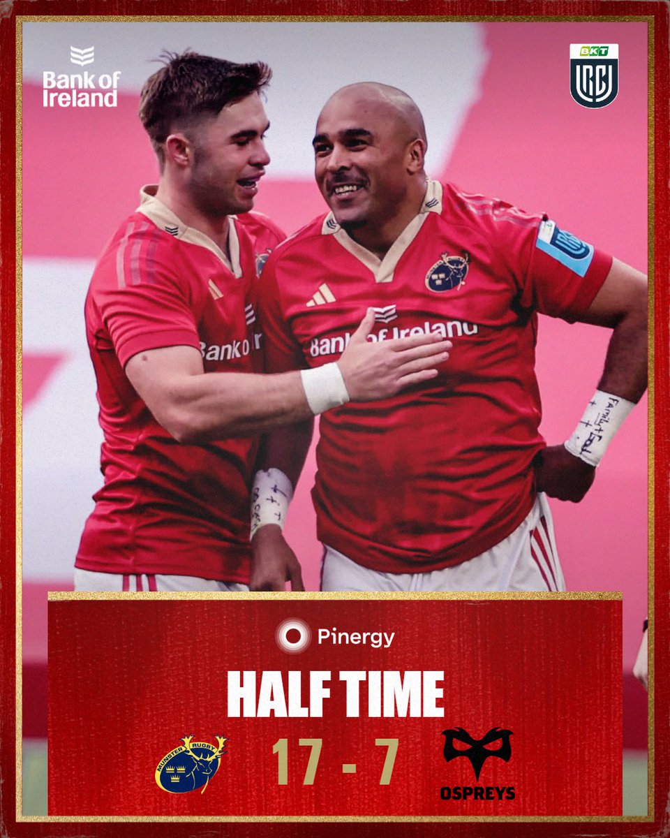 Half-time in Thomond Park and we lead 17-7 thanks to tries from Simon Zebo and Niall Scannell with Jack Crowley kicking 7 points. 

A huge defensive effort from the lads in the final 10 minutes to secure a 10-point lead going into half-time 💪

#MUNvOSP #SUAF 🔴