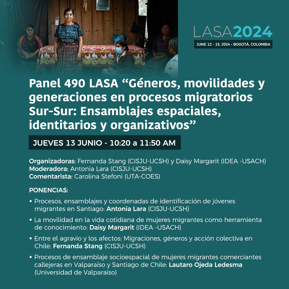 Investigadoras  de la línea de Migraciones del CISJU y académicas del claustro del MIS, Fernanda Stang y Antonia Lara,  participarán como organizadoras y con ponencias de presentación de  resultados en Congreso LASA.
Web Congreso: lasaweb.org/es/lasa2024/