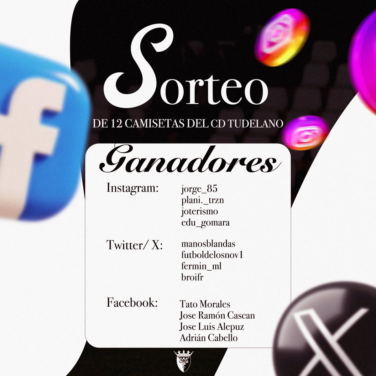 🍀 Estos han sido los 12 agraciados del sorteo de las camisetas del CD Tudelano.

✉️ Los ganadores deberán  mandar mensaje privado para ofrecer la información de recogida de las camisetas.

👀 Muchas gracias por participar y estad atentos a las redes sociales en los próximos días