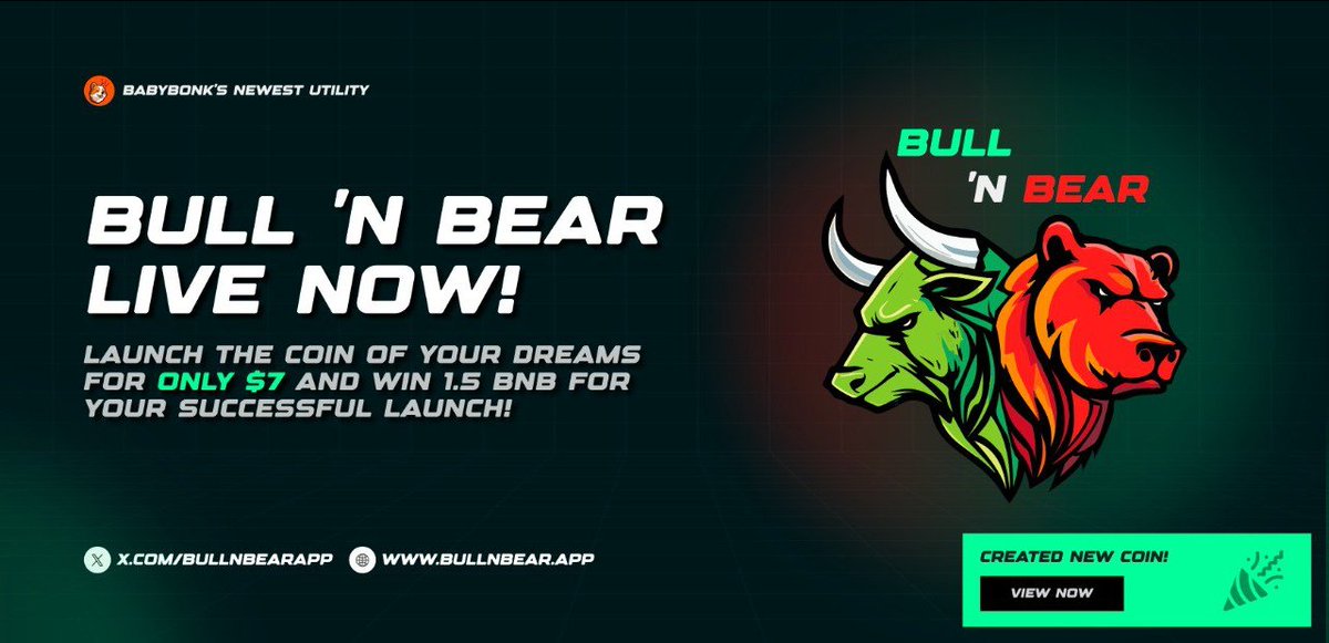 BabyBonkCoin's tweet photo. PRESENTING #BABYBONK's NEW UTILITY

We are happy to announce that our dApp, @BullNBearApp, is now live!

Launch coins for $7 and trade renounced contracts with burned LP on our platform.

Use it now on https://t.co/etPCuKe7iW