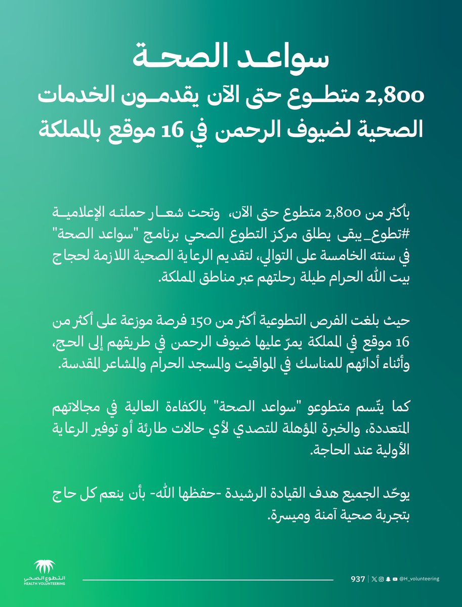 H_Volunteering's tweet photo. كما في كل عام، بهمة عالية، وروح توّاقة للخير؛
تنطلق #سواعد_الصحة، إسهاماً في نجاح موسم الحج، وخدمة لضيوف الرحمن 
 #التطوع_الصحي https://t.co/MuqAELGYGs