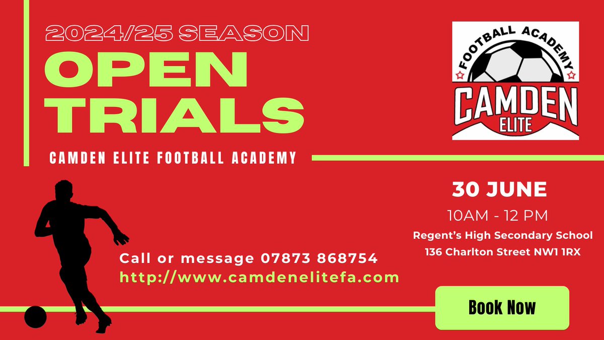 Open Trials for Season 2024/25 for the following categories:

BOYS - u9, u10, u11, u12 and u13
GIRLS - u12

30June
10am - 12pm
Regent’s High SC
136 Charlton St NW1 1RX

Call or message 07873 868754

Don't miss out the chance to train like a pro and reach your full potential⚽