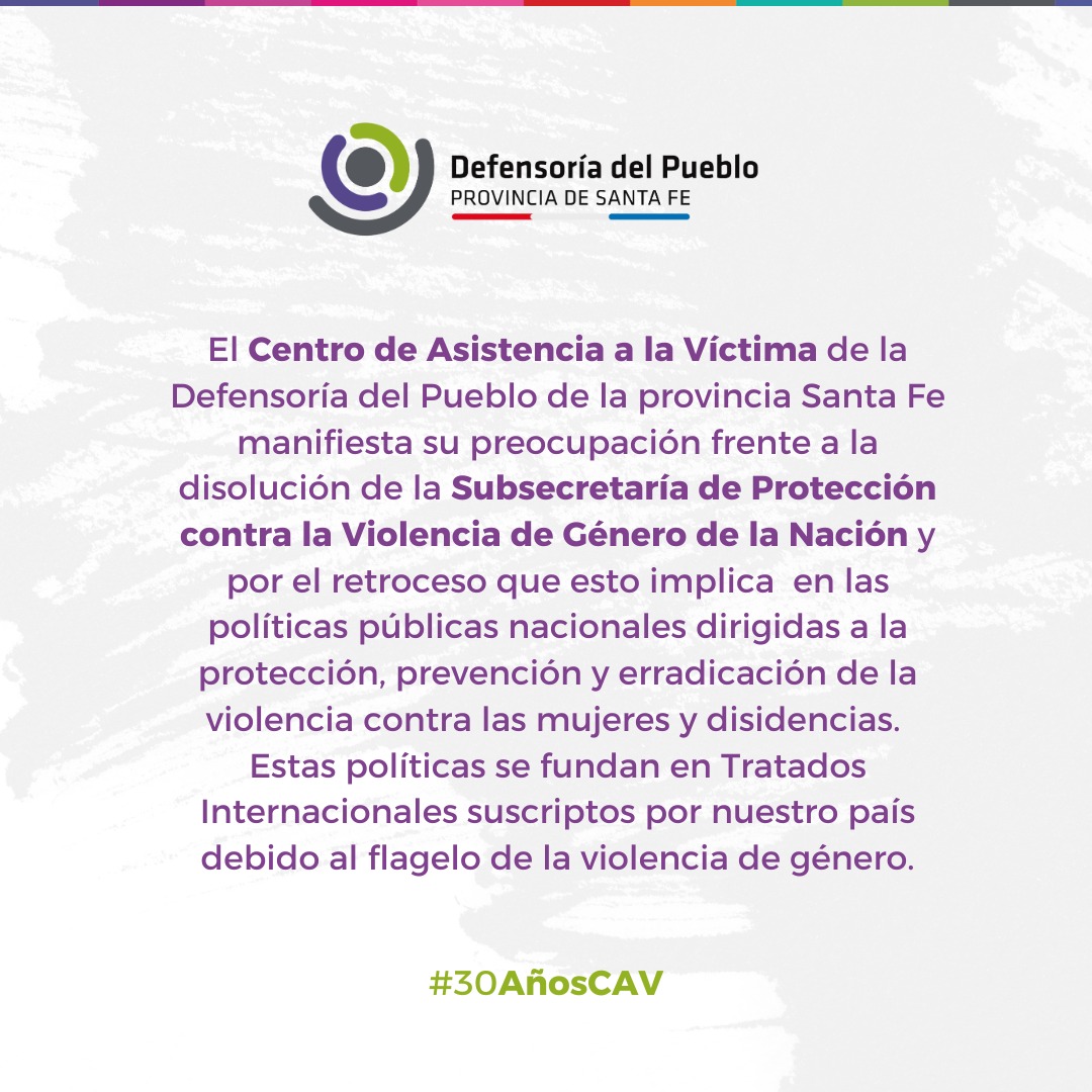 defensoriaSF's tweet photo. El Centro de Asistencia a la Víctima de la Defensoría expresa su preocupación frente a la disolución de la Subsecretaría de Protección contra la Violencia de Género de la Nación. https://t.co/PJWgXBnjtk