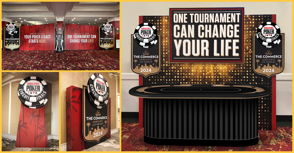 moagency's tweet photo. Our partners at Commerce Casino hit the jackpot by hosting the World Series of Poker tournament. We were thrilled to join the game, creating show-stopping standees and posters that made the tournament area feel like a high-roller’s paradise. @commercecasino #OurMO https://t.co/knUzRzcnfQ